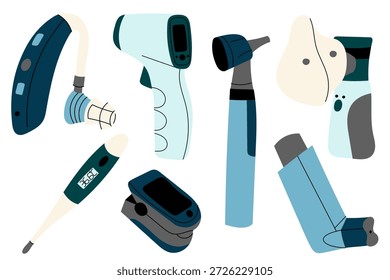 Conjunto de Vector plano de dispositivos médicos que incluyen termómetro, inhalador, oxímetro de pulso y limpiador de oídos. Iconos de equipos de atención médica para App médicos, clínicas, educación sanitaria y Diseño web.