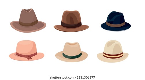 Juego de vectores planos de sombreros de hombres y mujeres. Sombreros masculinos y femeninos elegantes