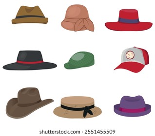 Flat vector set of men's and women's hats. Stylish men's and women's helmet. Baseball cap and elegant Panama. Fashion Theme.