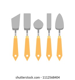 Flat vector set of metallic trowels different shapes for archaeological excavations. Working tools with wooden handles
