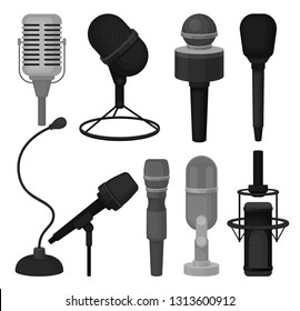 Flat vector set of microphones. Professional dynamic and condenser mics. Equipment for recording voice