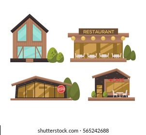 Flat vector set of modern urban architecture. Building and house in city for business and offices, hotel, shop and bank, hospital and store, school and government, restaurant and cafe, skyscraper.