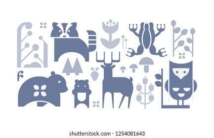 Flat vector set of monochrome forest icons. Cute cartoon animals and plants. Decorative elements for book or postcard