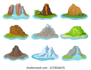 Flat vector set of mountains and waterfalls. Small islands surrounded by water. Natural landscape