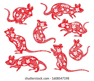 Flat vector set of mouse in different poses. chinese rat variant poses