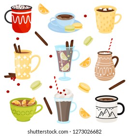 Flat vector set of mugs with hot drinks. Coffee with cinnamon sticks, cocoa with marshmallows, tea and mulled wine