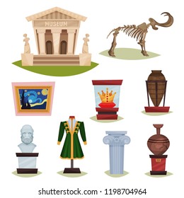 Flat vector set of museum exhibits. Mammoth skeleton, ceramic vases, clothes, golden crown, famous painting and column