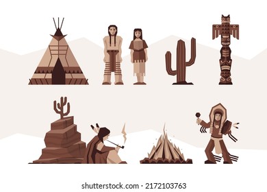 Flat Vector Set Of Native American. Stylized Characters In Traditional Clothes, Teepee Tent, Totem And Campfire.