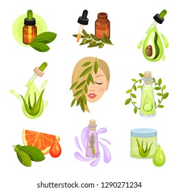 Flat vector set of natural cosmetic icons. Bottles of essential oils, jar of lotion. Organic skin care products
