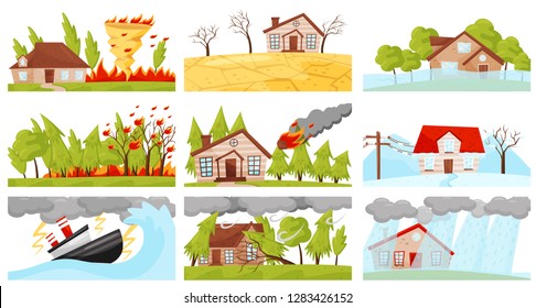 Flat vector set of natural disasters illustrations. Fire whirl, lightning storm, wildfire, meteorite fall