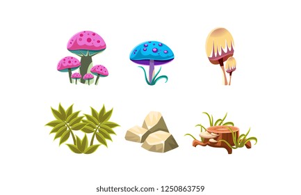 Flat vector set of natural landscape elements for computer or mobile game. Magic mushrooms, green plant, stones and tree stump