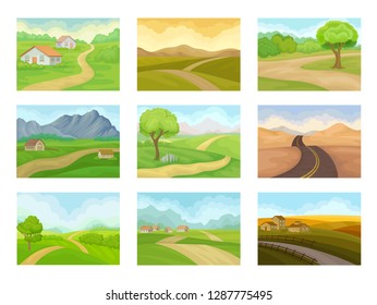 Flat vector set of natural landscapes with road, green meadows, houses and mountains. Outdoor scenery