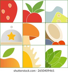 Flat vector set of nine minimal food icons: strawberry, generic red berries, milk and cheese duo, serving tray, mushroom, coconut with berries and  dried fruits, apple, durian, asparagus.