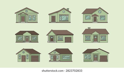 Flat vector set of nine suburban house icons featuring green siding, brown roofs, varied window designs, and garage doors. Professional architectural residential building collection.