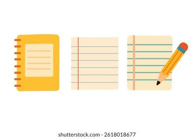 Flat vector set of notebook, ruled paper sheets and pencil. Cartoon illustration for school and education design.
