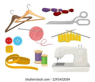 Flat vector set of objects related to sewing and knitting theme. Dressmaking instruments and materials