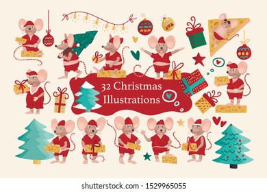 Flat vector set off little mouse with cheese in different poses. Christmas greeting illustrations with cute mice and decorations.