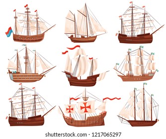 Flat vector set of old wooden ships. Large marine vessels with sails and flags. Sea and ocean theme