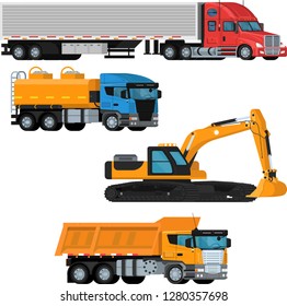 Flat vector set on an isolated background of trucks and construction vehicles in perspective. Truck, excavator, fuel truck, dump truck.
