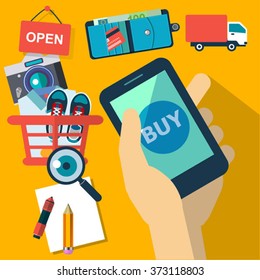 flat vector set of online shopping internet. Searching and shopping with mobile phone