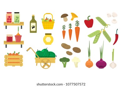 Flat vector set of organic food icons. Fresh vegetables and fruits. Pickled cucumbers and tomatoes. Basket with apples. Jam, honey and olive oil.