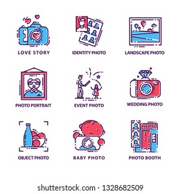 Flat vector set of original photography logos. Linear emblems for photo studios