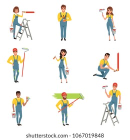 Flat vector set of painters with equipment brush, roller, bucket with paint, step folding ladder. Men and women in blue working overalls. Cartoon people at work