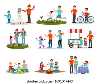 Flat vector set of parents with kids in different actions. Family leisure. Active outdoor recreation. Birthday celebration