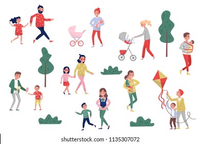 Flat vector set of parents with kids in different actions. Happy childhood. Active lifestyle. Fatherhood and motherhood concept