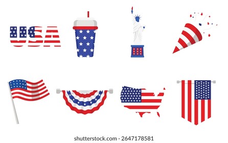 Flat vector set of patriotic Independence Day USA symbols with soda, statue, and banner