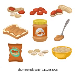 Flat vector set of peanut products. Whole and peeled nuts. Toasted bread with sweet butter, glass jar and spoon. Delicious snack