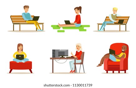 Flat vector set of people with computers. Young girls and guys using laptops. Internet users watching movie, chatting or working