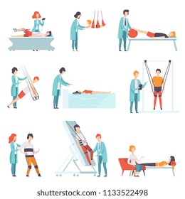 Flat vector set of people doing rehabilitation exercises with their doctors. Clinic of physiotherapy. Patients with disabilities