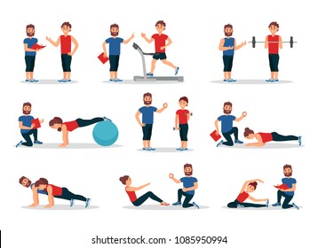 Flat Vector Set Of People In Gym With Personal Trainer. Men And Women Doing Various Exercises. Physical Activity And Healthy Lifestyle