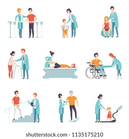 Flat vector set of people on rehabilitation. Physiotherapy clinic. Doctors working with patients. Healthcare and treatment