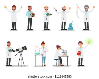 Flat vector set of people scientists. Men and women in white coats. Professionals working in laboratories. Elements for poster about professions