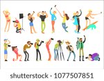 Flat vector set of people taking pictures. Selfie and professional photographs. Photographers with digital cameras. Guys and girls with phones