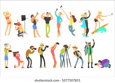 Flat vector set of people taking pictures. Selfie and professional photographs. Photographers with digital cameras. Guys and girls with phones