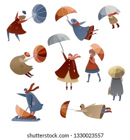Flat vector set of people with umbrellas. Windy day. Bad weather. Men, women and kids in raincoats. Autumn season