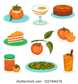 Flat vector set of persimmon desserts and drinks. Cakes, yogurt and smoothie. Sweet and tasty fruit. Salad, bank of jam
