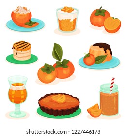 Flat vector set of persimmon drinks and food. Tasty fruit desserts. Cheesecake, cake, pudding and smoothie