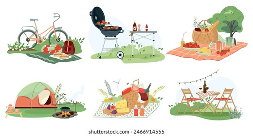 Flat vector set of picnic compositions. Hand drawn illustrations baskets full of delicious, bbq grill, furniture, camping with tent for relax outdoor. Vector clipart with hampers for food and blanket