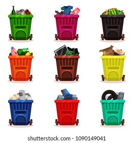 Flat vector set of plastic containers with different types of waste. Garbage bins with wheels. Icons related to trash sorting and recycling theme