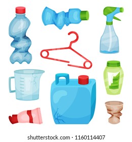 Flat Vector Set Of Plastic Waste. Crumpled Bottles And Cup, Broken Hanger, Cracked Canister And Measuring Jug. Sorting And Recycling Theme