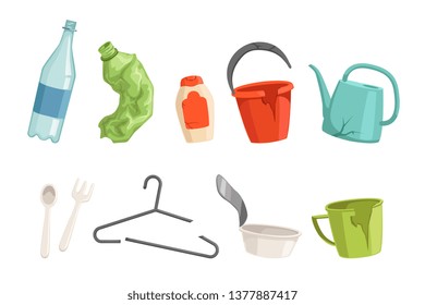 Flat vector set of plastic waste. Bottles, fork and spoon, broken clothes hanger, cup, bucket and watering can. Sorting and recycling household garbage