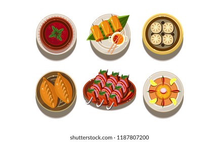 Flat vector set of plates with tasty Asian dishes. Traditional Chinese cuisine. Delicious food. Appetizing meal