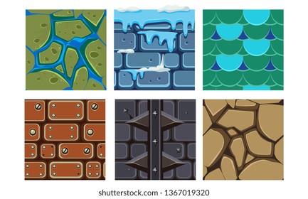 Flat vector set of platformers icons for mobile games. Seamless patterns with bricks, ice, dry soil and water