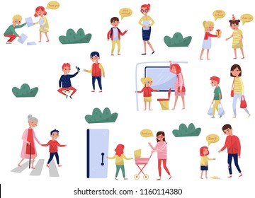 Flat Vector Set Of Polite Children In Different Situations. Kids With Good Manners. Little Boys And Girls Helping Adults