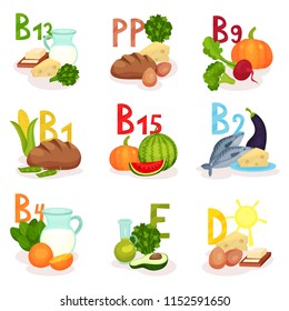 Flat vector set of products containing different vitamins. Healthy nutrition. Food theme. Elements for poster or banner
