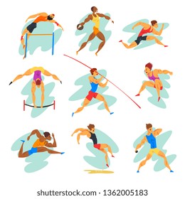 Flat vector set of professional athletes in different actions. Young muscular guys in sportswear. Active people. Olympic sports